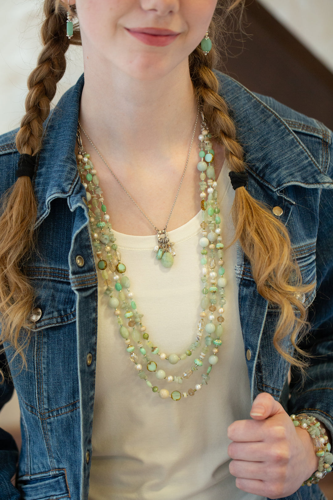 Mint Julep 29-31" Freshwater Pearl, Chrysoprase, Amazonite Multistrand Necklace