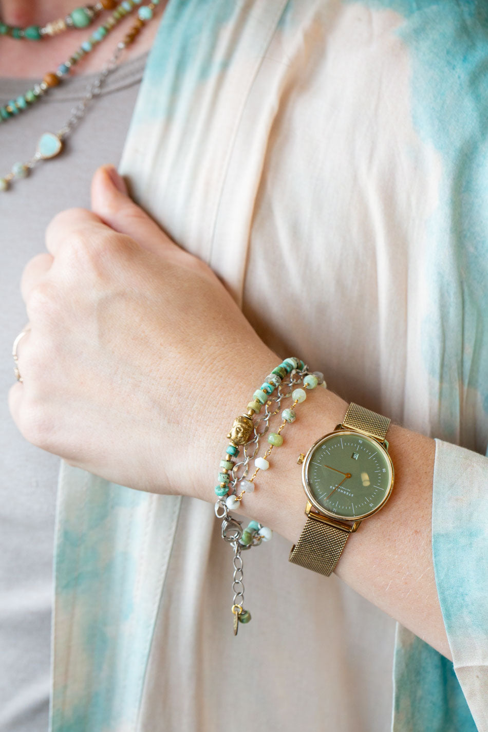 Remedy 7.5-8.5" Turquoise, Peruvian Opal, Antique Brass Buddha Multistrand Bracelet