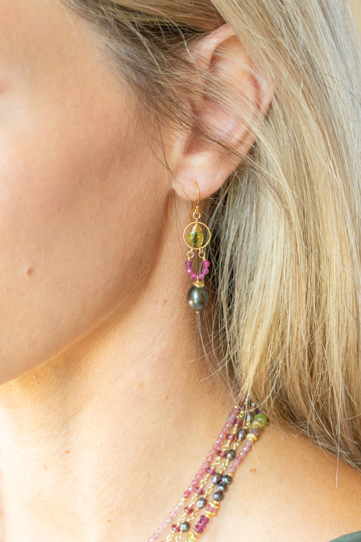 Persephone Ruby, Freshwater Pearl, Peridot Dangle Earrings