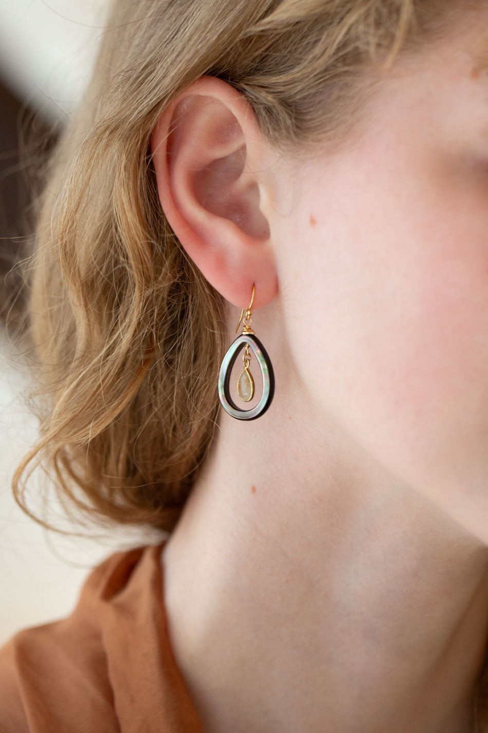 Alchemy Black Lip Shell Teardrop, Golden Rutilated Quartz Bezel Statement Earrings