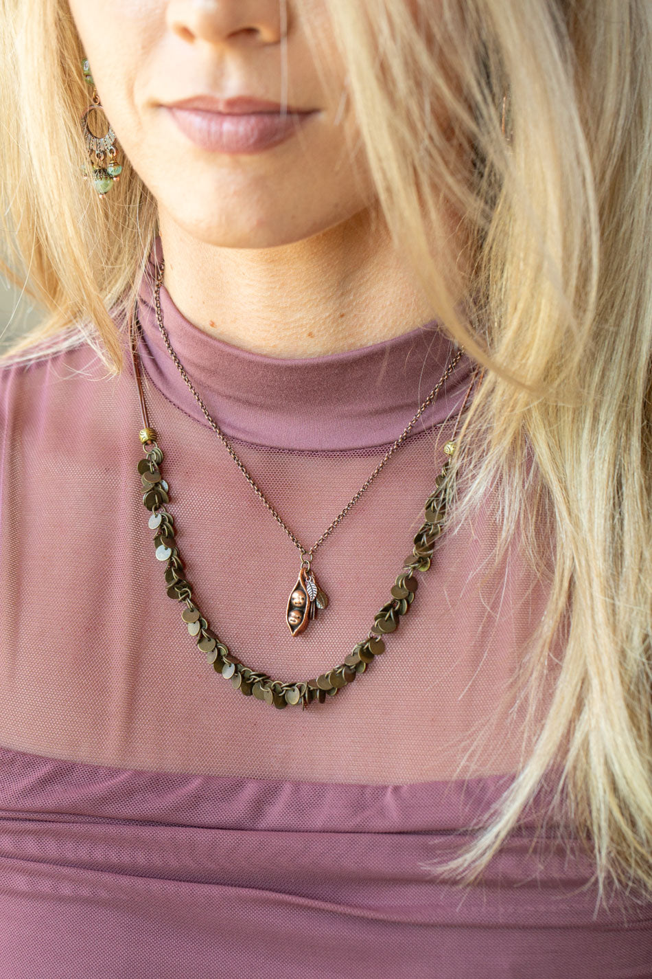 Mauve 16-18" Copper Peas In A Pod Simple Necklace