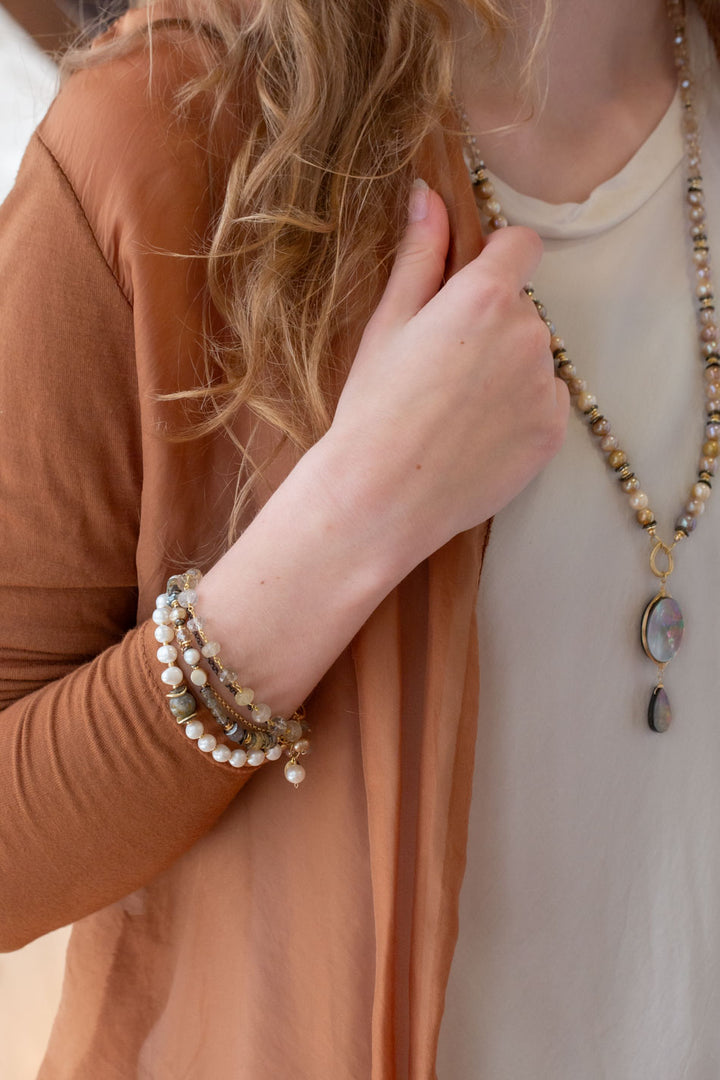 Alchemy 7.75-8.75" Freshwater Pearl, Gold Rutilated Quartz, Abalone Multistrand Bracelet