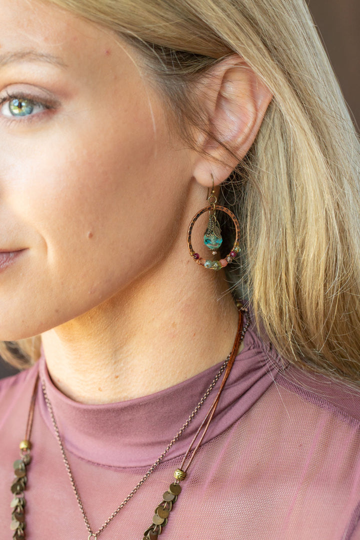 Mauve Czech Glass, Crystal, Garnet Hoop Earrings