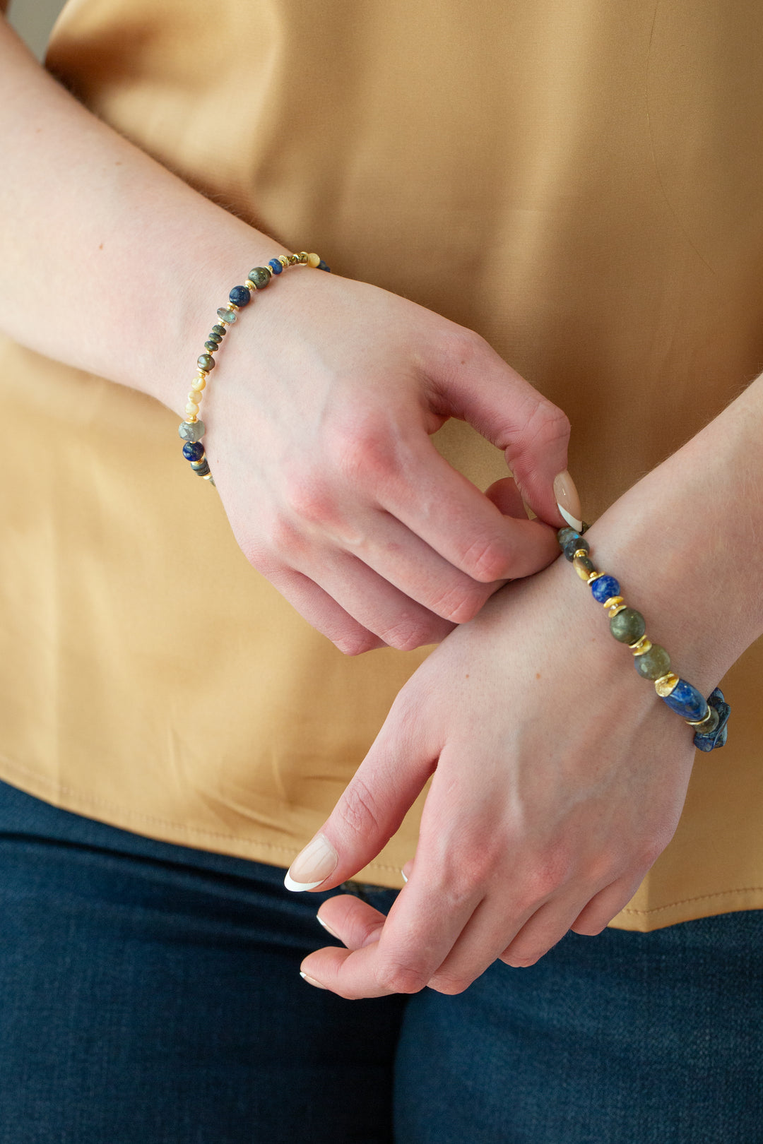 Blue Moon 7.5-8.5" Lapis Lazuli, Pyrite, Labradorite, Sodalite, Freshwater Pearl, Mother Of Pearl, Abalone Flower Collage Bracelet
