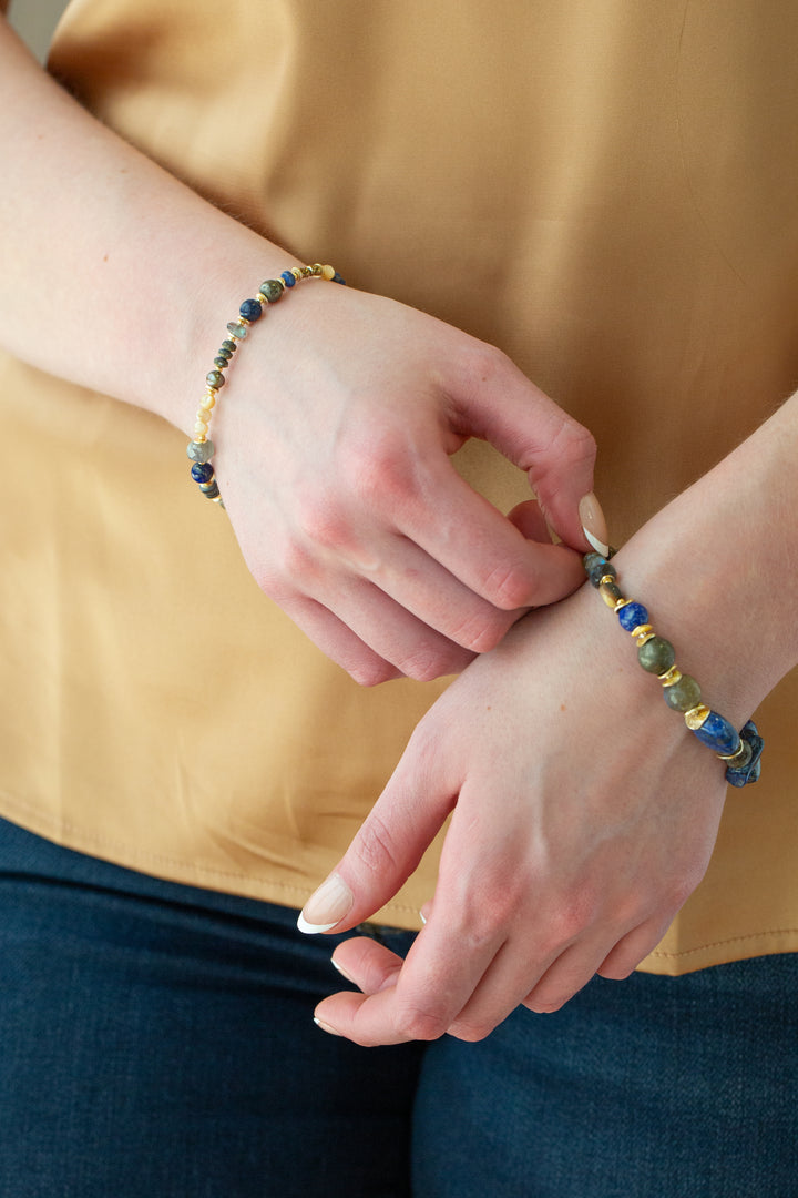 Blue Moon 7.5-8.5" Lapis Lazuli, Pyrite, Labradorite, Sodalite, Freshwater Pearl, Mother Of Pearl, Abalone Flower Collage Bracelet