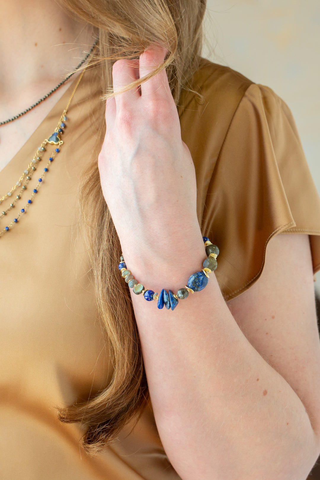 Blue Moon 7.5-8.5" Lapis Lazuli, Pyrite, Labradorite, Sodalite, Mother Of Pearl, Abalone Flower Statement Bracelet