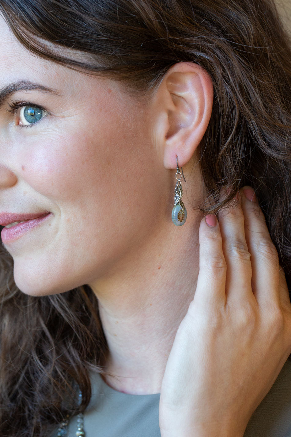 Venetian Dreams Antique Silver Plated Brass Leaves With Long Czech Glass Green Oval Dangle Earrings