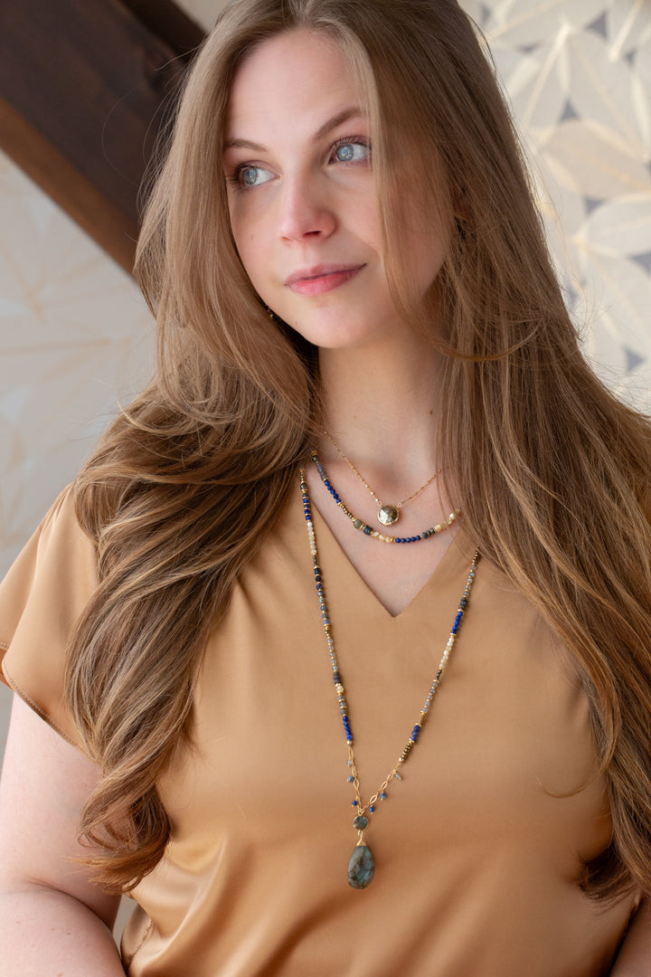 Blue Moon 30.5-32.5" Pyrite, Mother Of Pearl, Sodalite, Abalone, Lapis Lazuli With Large Teardrop Labradorite Statement Necklace