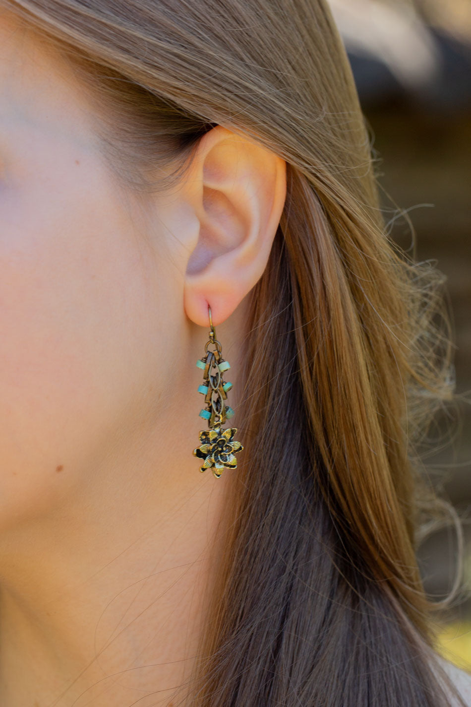 Enlighten Turquoise Chip With Brass Flower Dangle Earrings