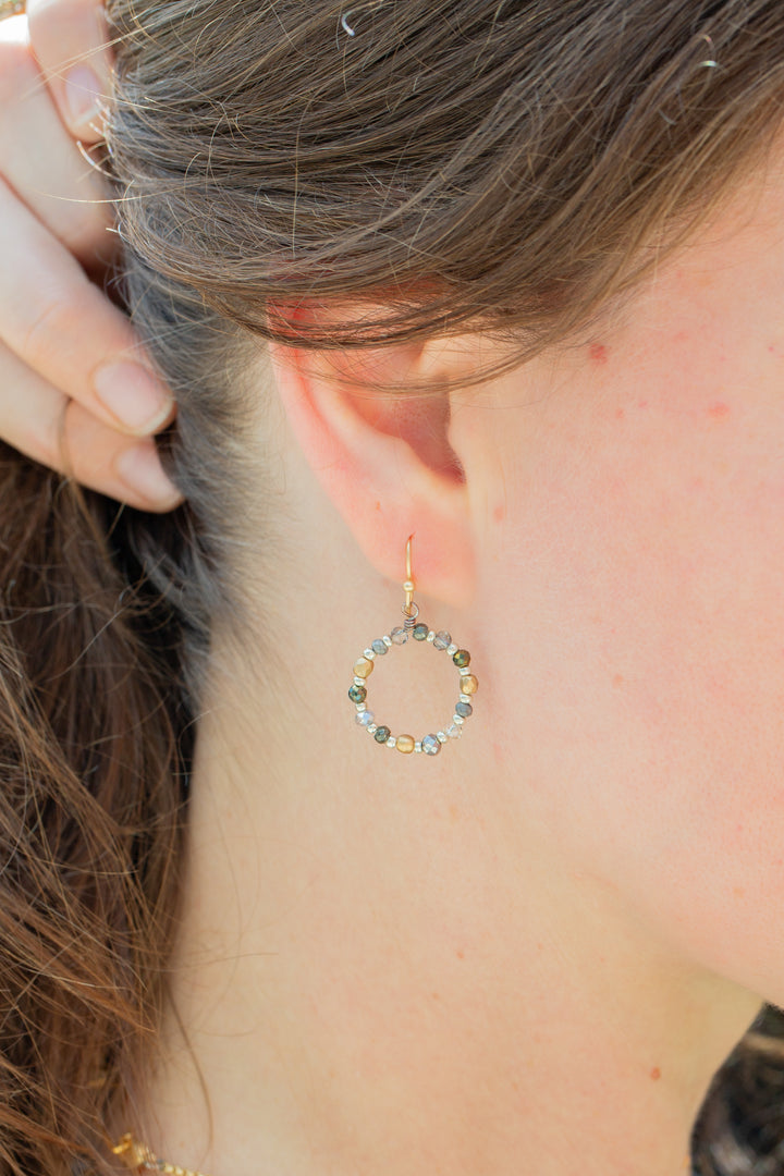 Silver & Gold Czech Glass, Crystal, Pyrite Hoop Earrings