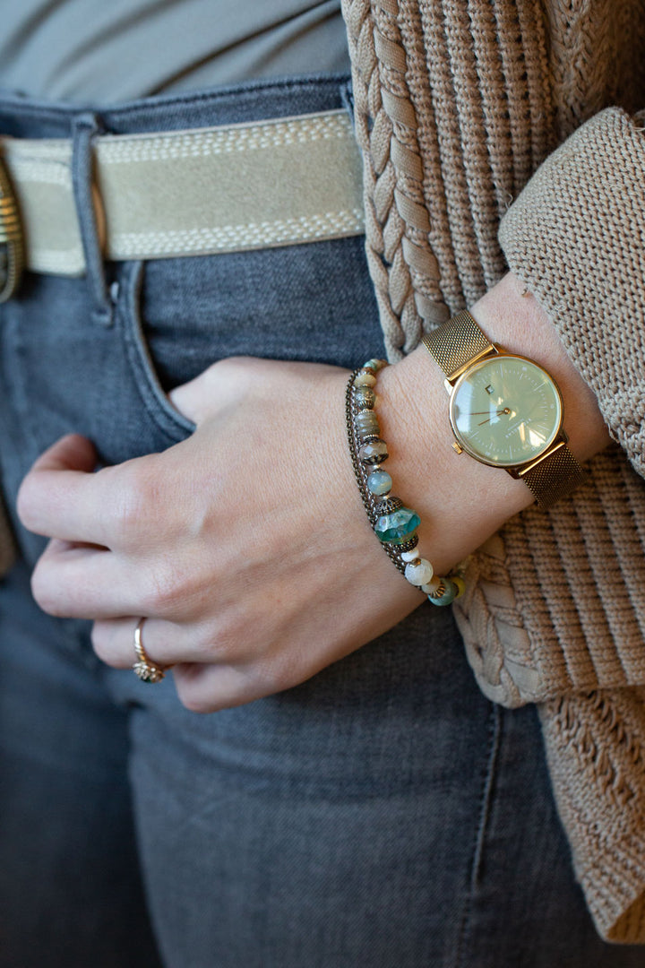 Wisdom Within 7.5-8.5" Turquoise, Czech Glass, Blue Calcite, Peruvian Turquoise Multistrand Bracelet