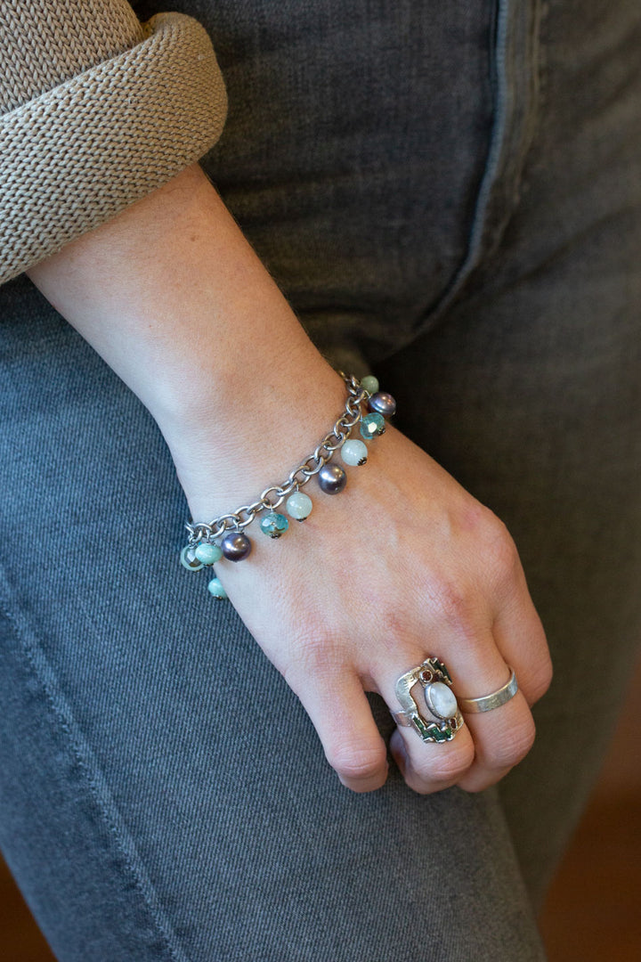 Venetian Dreams 7.5-8.5" Roman Glass, Freshwater Pearl, Czech Glass Charm Bracelet