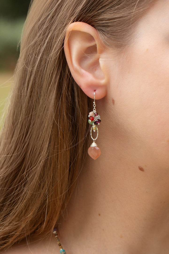 Gentle Breeze Peach Moonstone, Garnet, Apatite Dangle Earrings