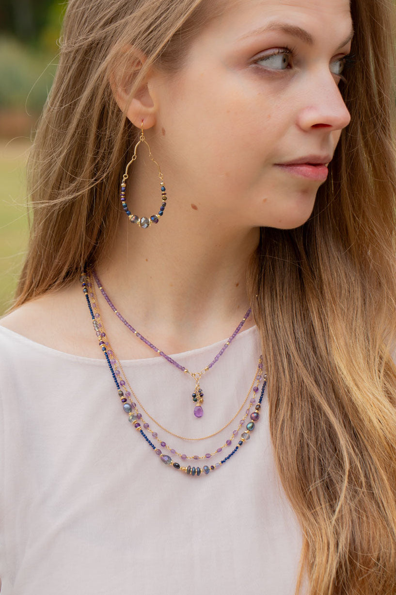 Midnight 15.5-17.5" Amethyst, Freshwater Pearl, Crystal Cluster Necklace