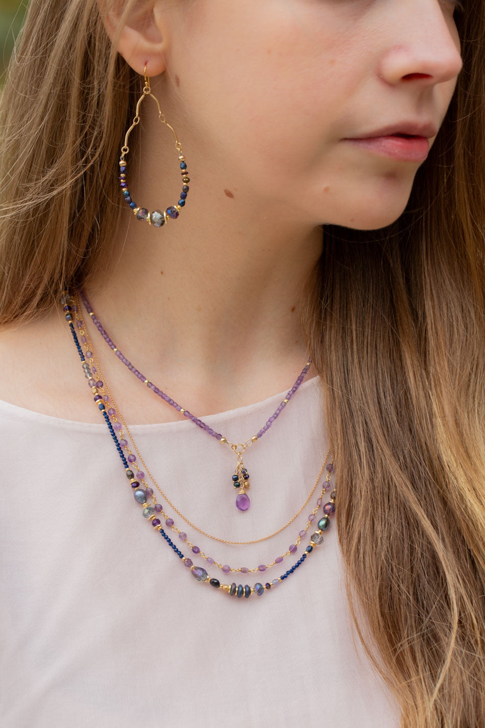 Midnight 20-22" Amethyst, Freshwater Pearl, Crystal Multistrand Necklace