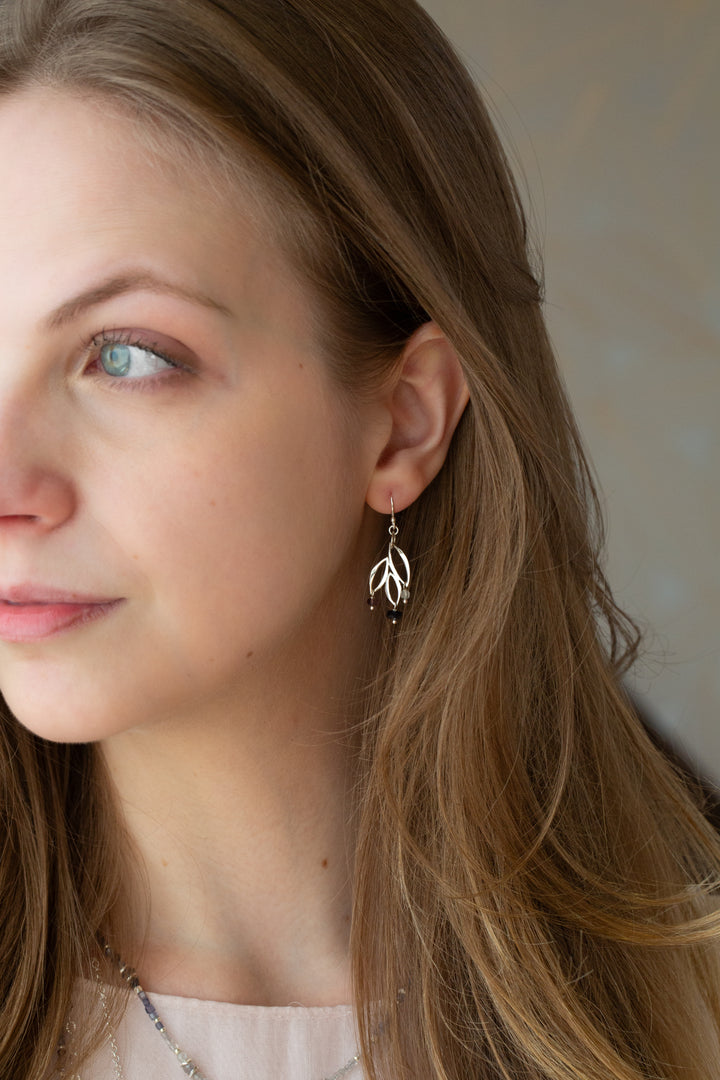 Celestial Sterling Silver Leaf, Spinel Simple Earrings