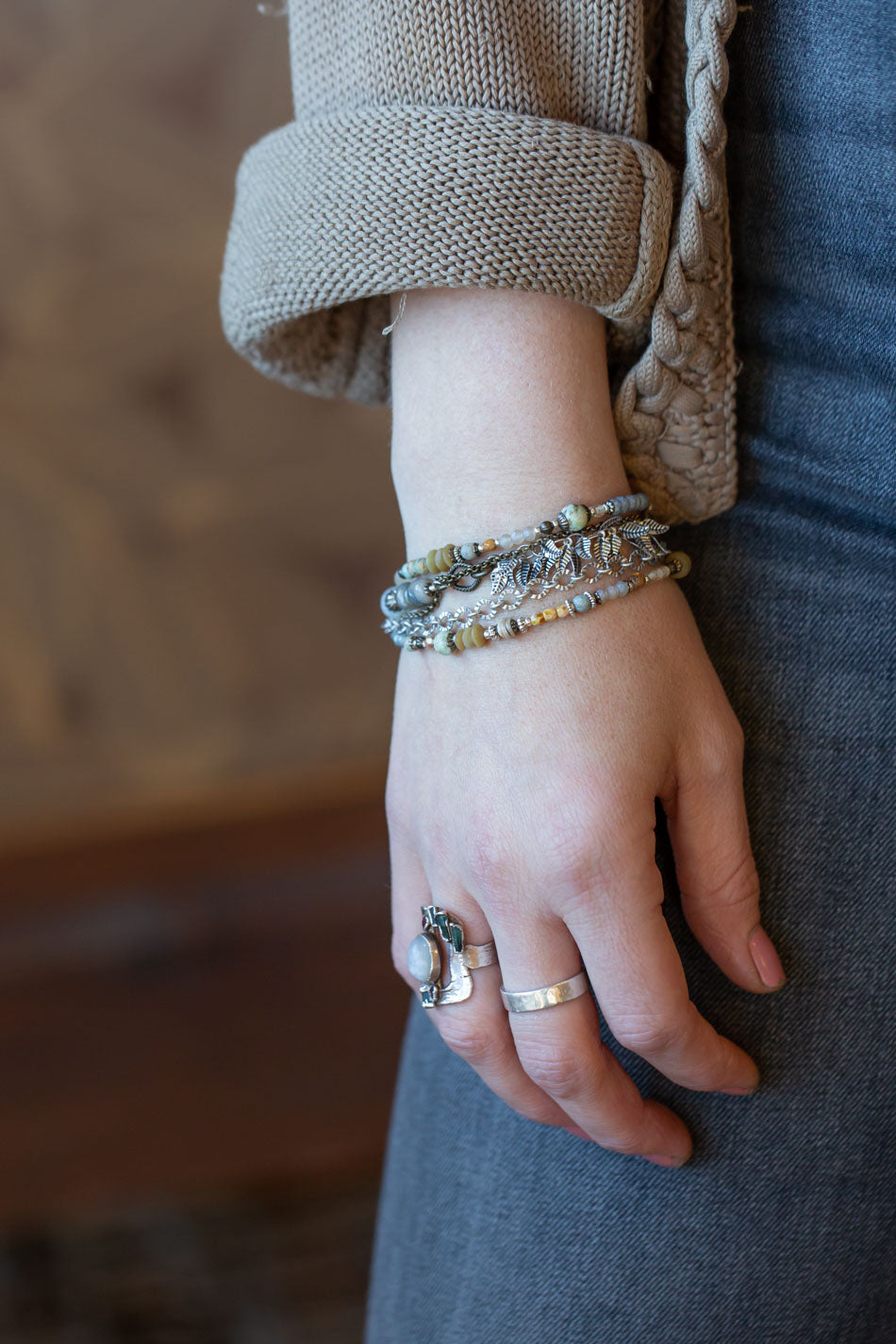 Wisdom Within 7.5-8.5" Peruvian Turquoise, Czech Glass, Shell Multistrand Bracelet