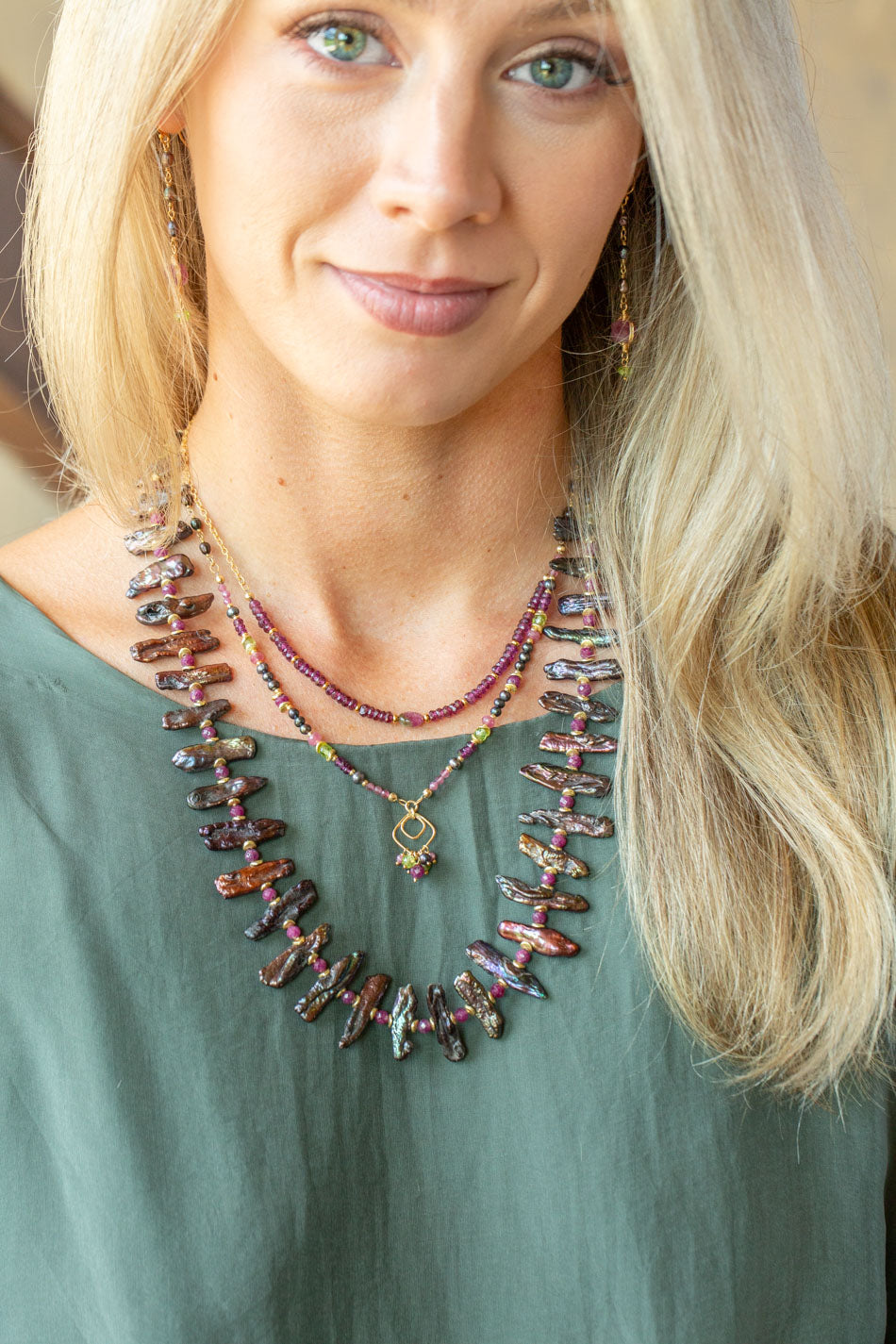 Persephone 17-19" Freshwater Pearl, Rhodolite Garnet, Peridot Cluster Necklace