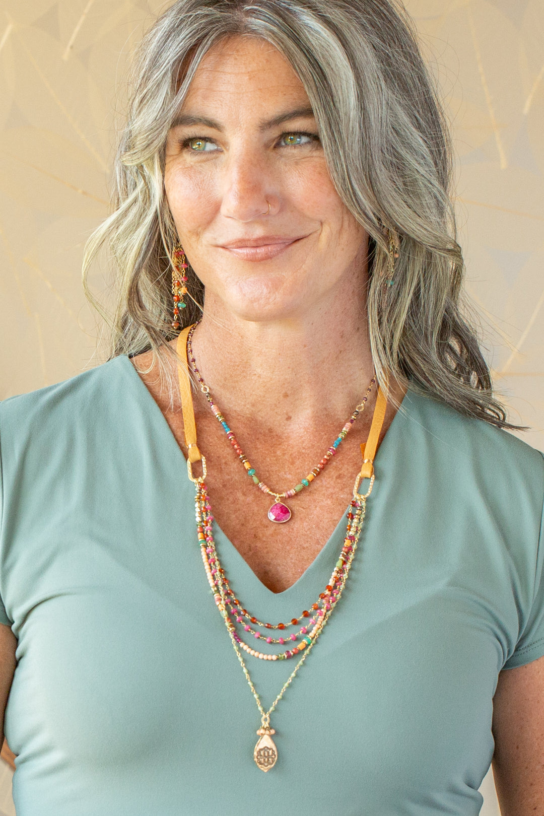 Farmers Market 17.5-19.5" Apatite, Ruby, Czech Glass with Dyed Jade Statement Necklace