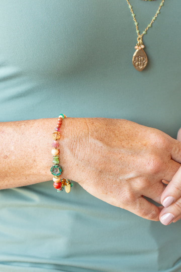 Farmers Market 7.5-8.5" Coral, Tourmaline, Czech Glass Simple Bracelet