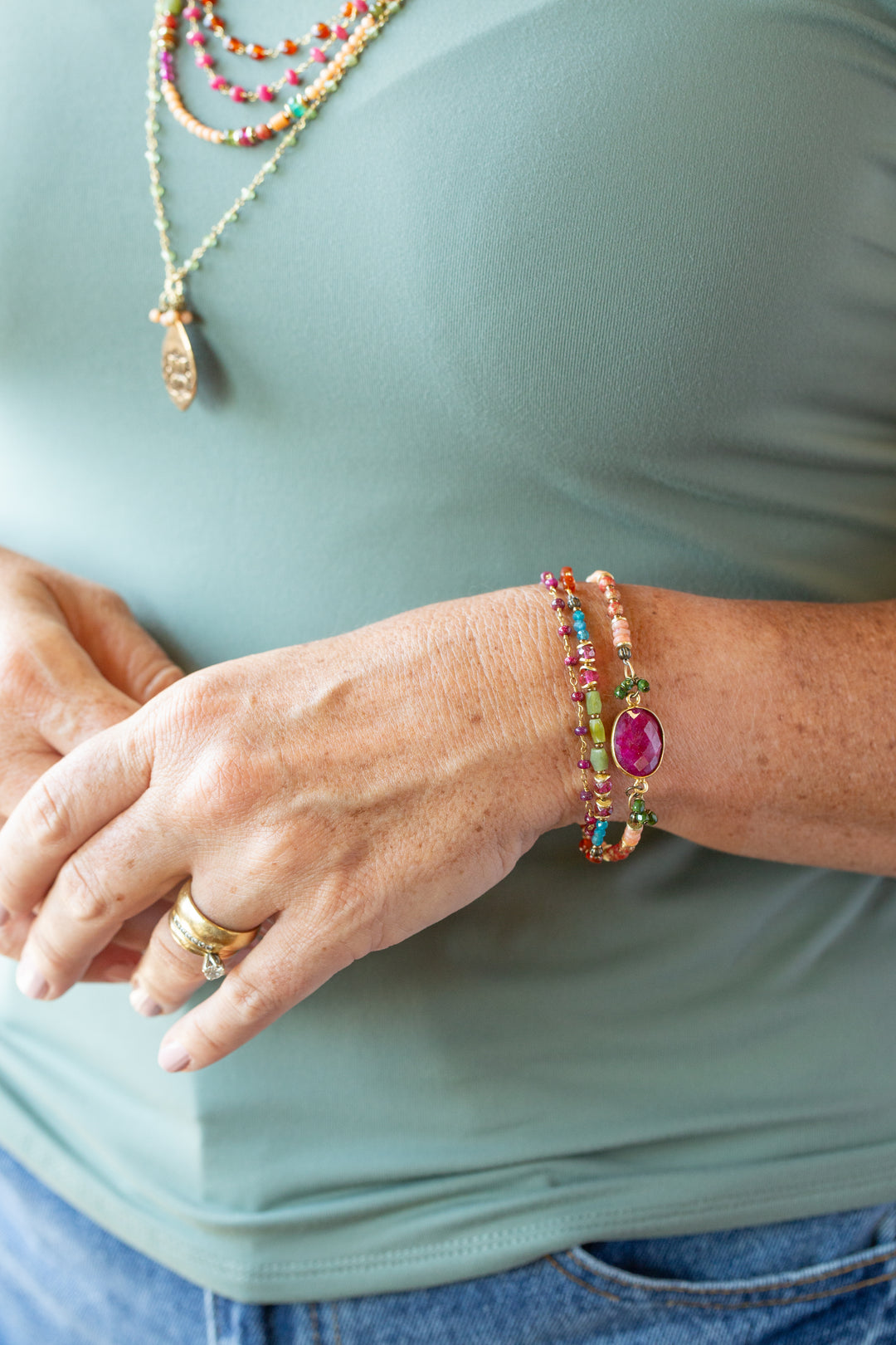 Farmers Market 7.5-8.5" Czech Glass, Coral, Apatite with Dyed Jade Multistrand Bracelet