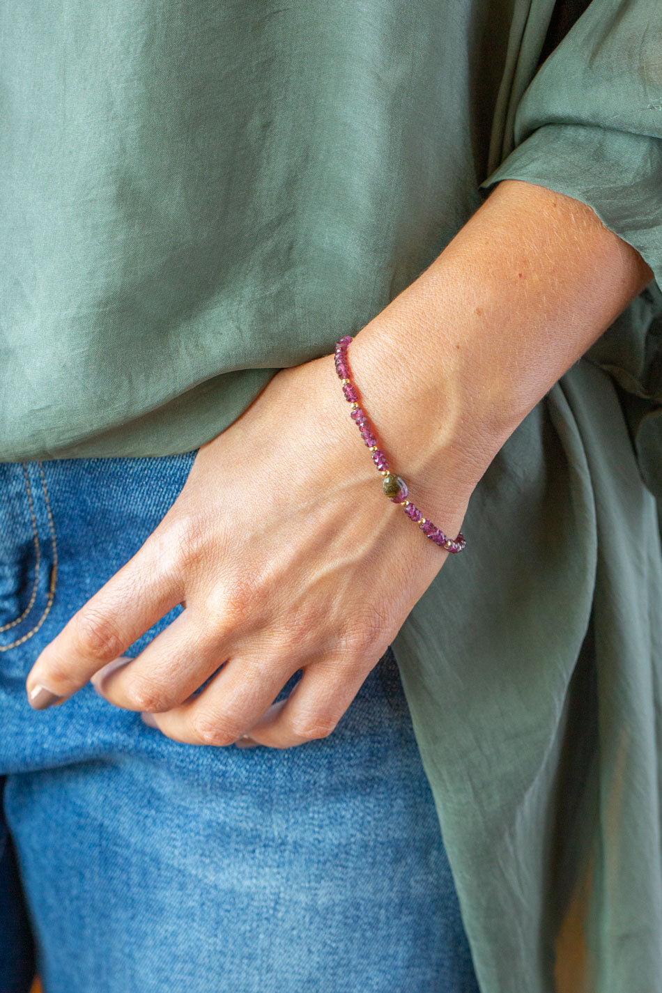 Persephone 7.5-8.5" Watermelon Tourmaline, Rhodolite Garnet Simple Bracelet