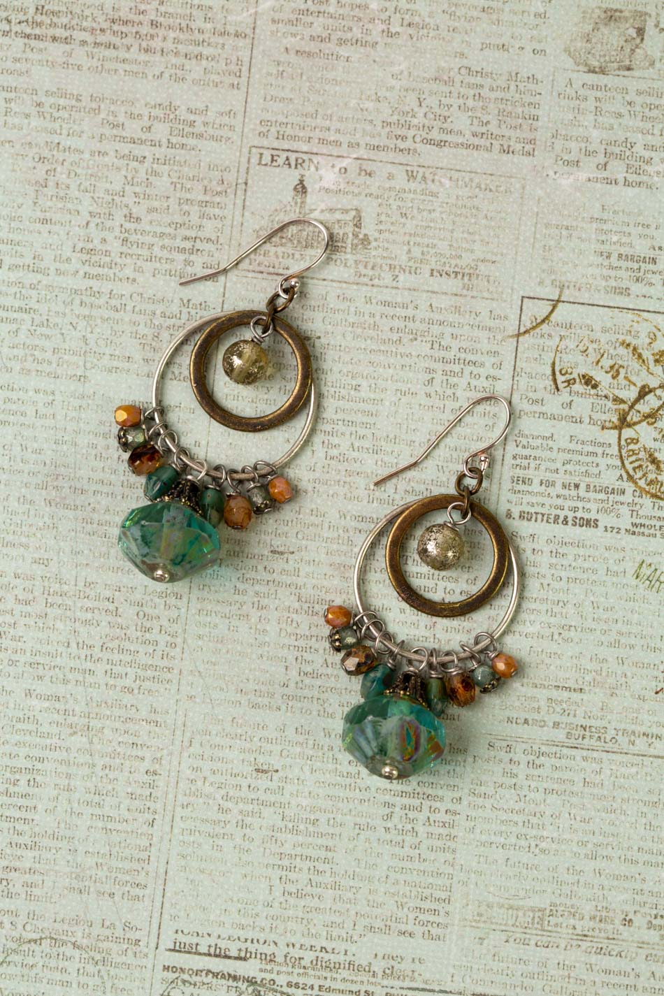 Wisdom Within Turquoise Blue Czech Glass Flower With Antique Gold Etching Cluster Earrings