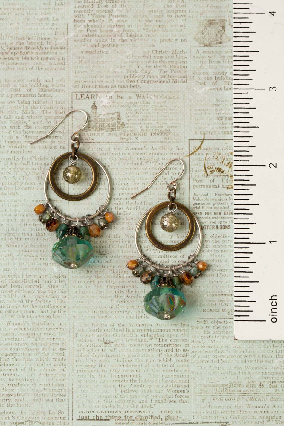 Wisdom Within Turquoise Blue Czech Glass Flower With Antique Gold Etching Cluster Earrings