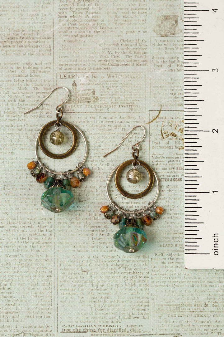 Wisdom Within Turquoise Blue Czech Glass Flower With Antique Gold Etching Cluster Earrings