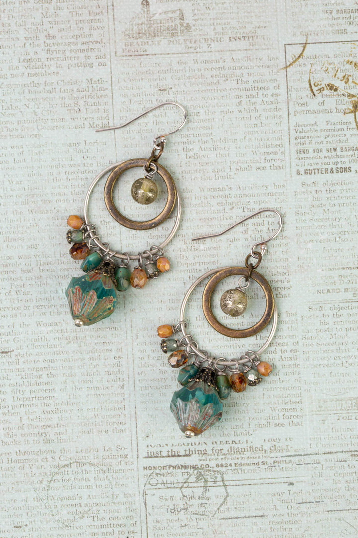 Wisdom Within Turquoise Blue Czech Glass Flower With Antique Gold Etching Cluster Earrings