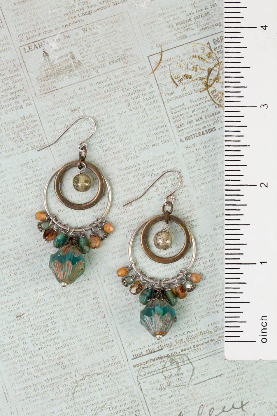 Wisdom Within Turquoise Blue Czech Glass Flower With Antique Gold Etching Cluster Earrings