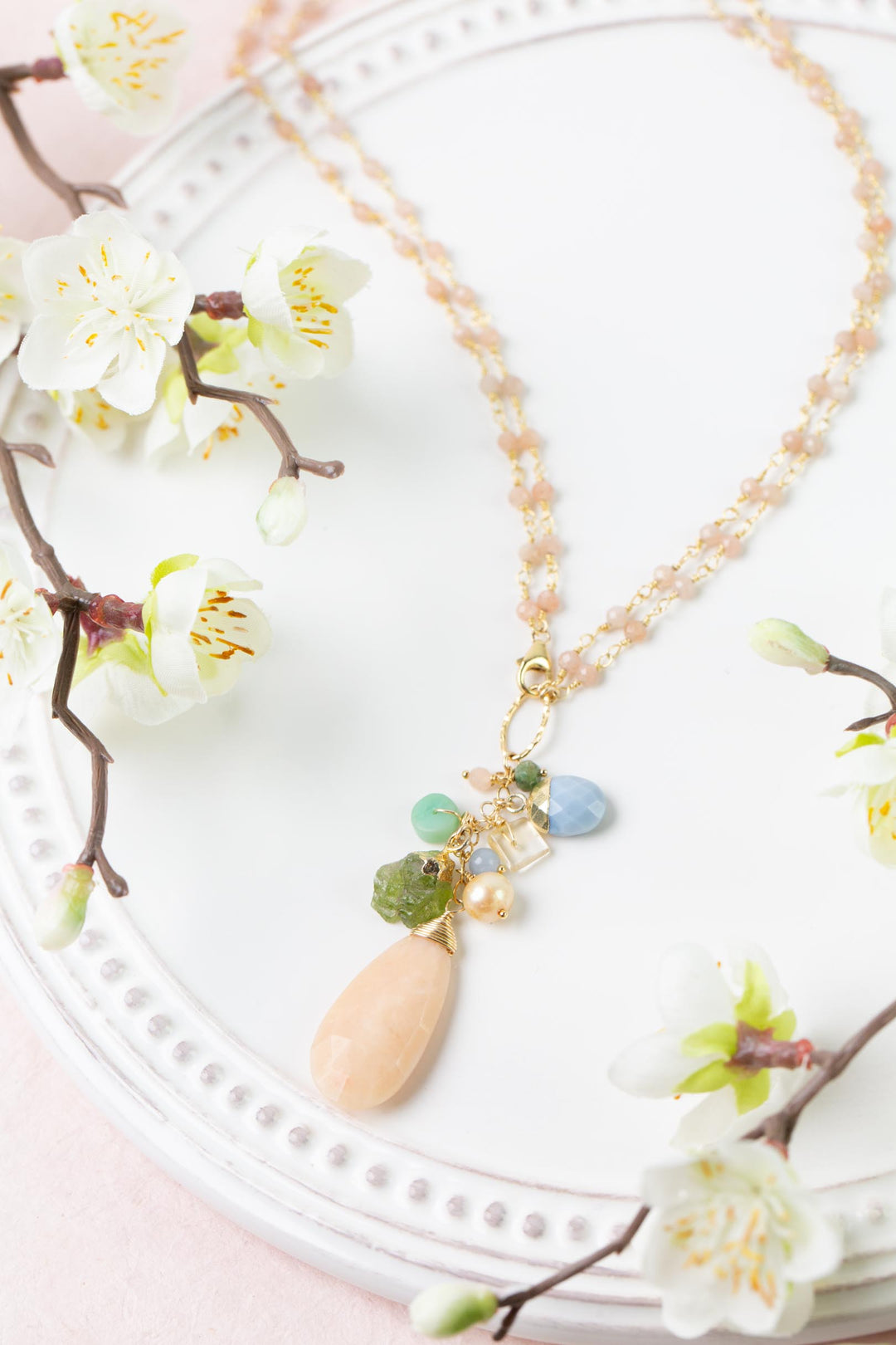 Bellini 19 or 39" Blue Opal, Peach Moonstone, Citrine Cluster Necklace