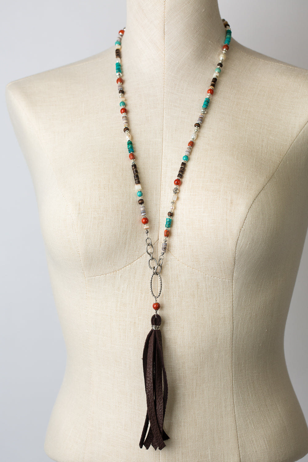 One of a Kind 26-28" Turquoise, Coral, Shell Tassel Necklace