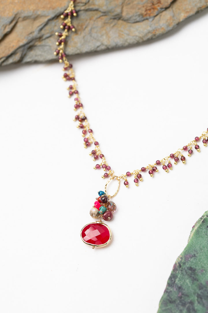 Azalea 16-18" Garnet, Red Jasper, Fuchsia Chalcedony Cluster Focal Necklace