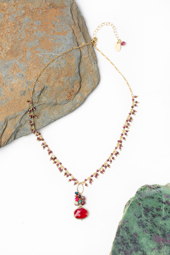Azalea 16-18" Garnet, Red Jasper, Fuchsia Chalcedony Cluster Focal Necklace
