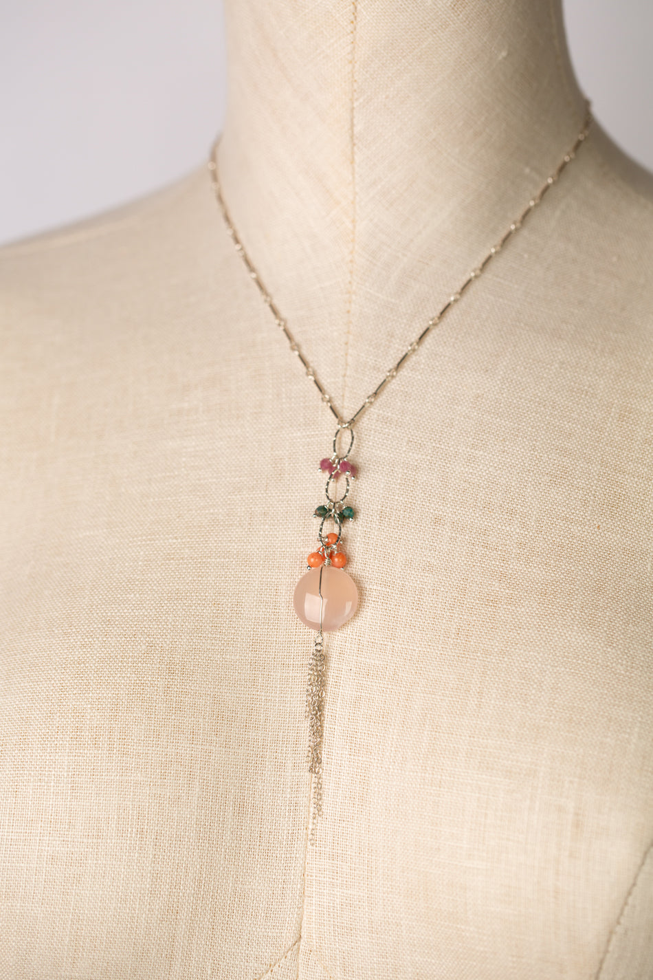Amore 17.5-19.5 Coral, Czech Glass, Ruby Tassel Necklace