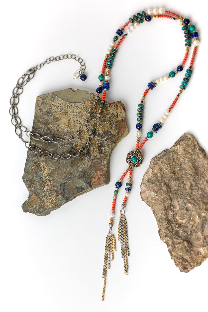 Limited Edition 33.5-35.5" Lapis, Coral, Turquoise Tibetan Focal Necklace
