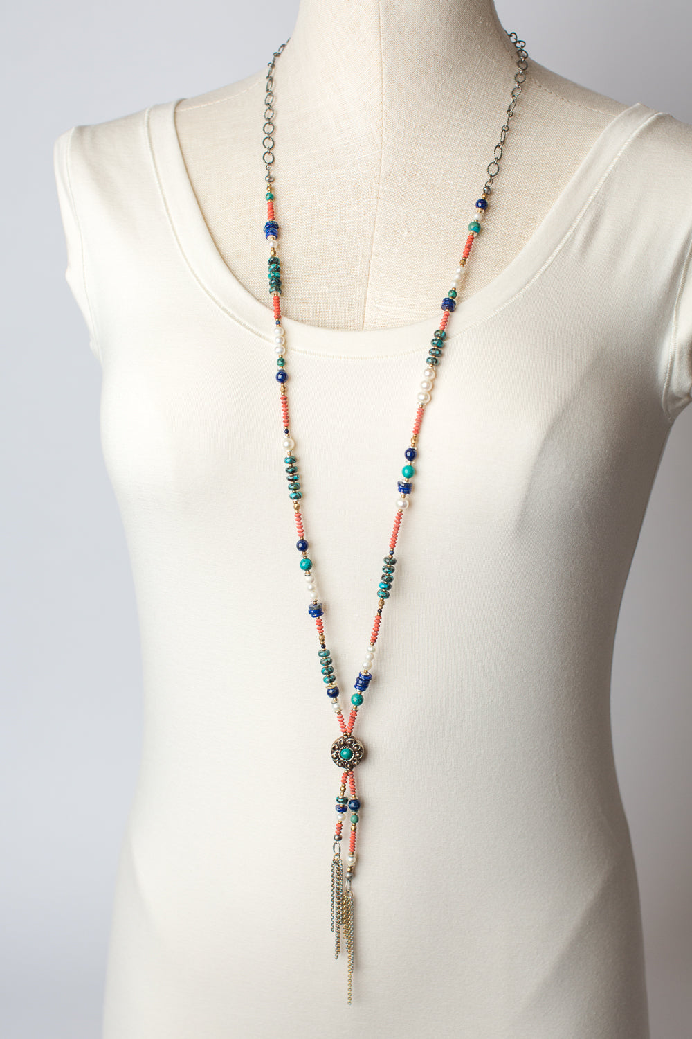 Limited Edition 33.5-35.5" Lapis, Coral, Turquoise Tibetan Focal Necklace