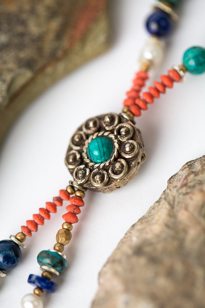 Limited Edition 33.5-35.5" Lapis, Coral, Turquoise Tibetan Focal Necklace