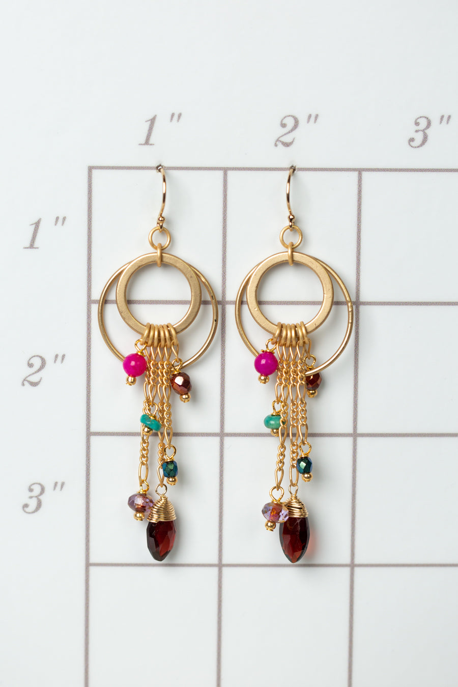Azalea Czech Glass, Jasper, Garnet Hoop Tassel Earrings