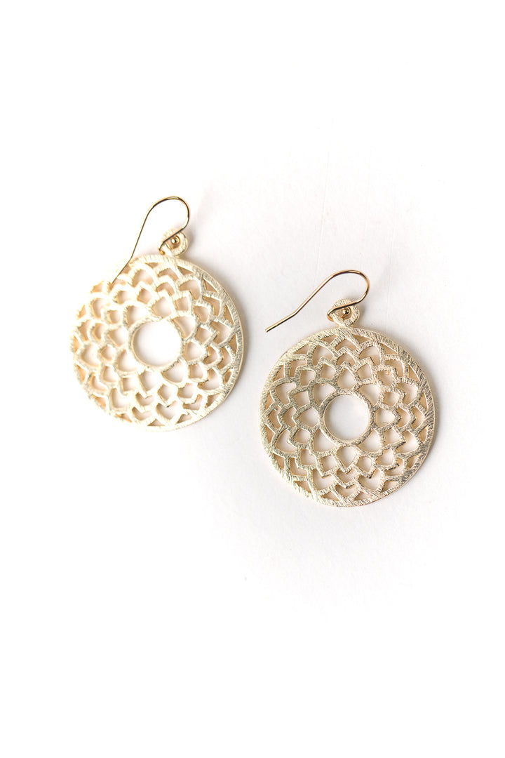 Brushed Gold Circle Floral Earrings
