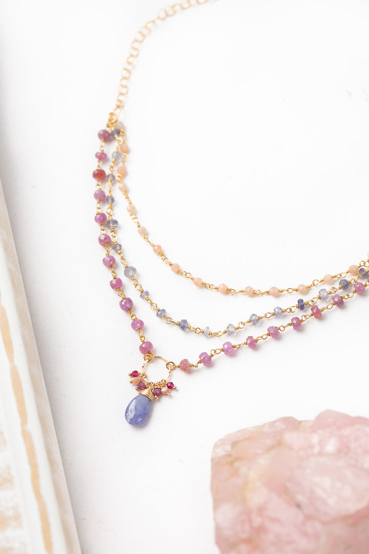 Blossom 18-20" Iolite, Ruby, Moonstone With Tanzanite Multistrand Necklace