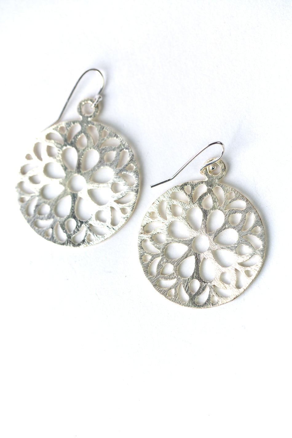 Brushed Silver Floral Geometric Statement Earrings
