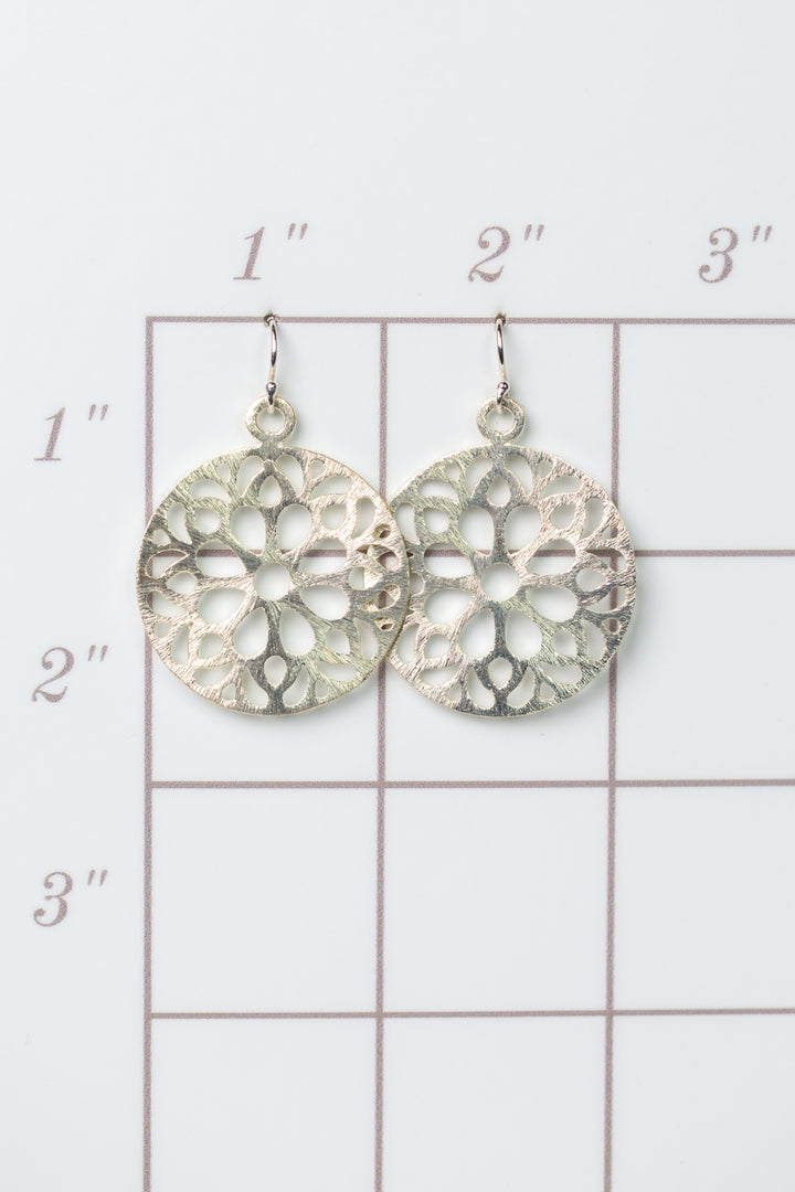 Brushed Silver Floral Geometric Statement Earrings