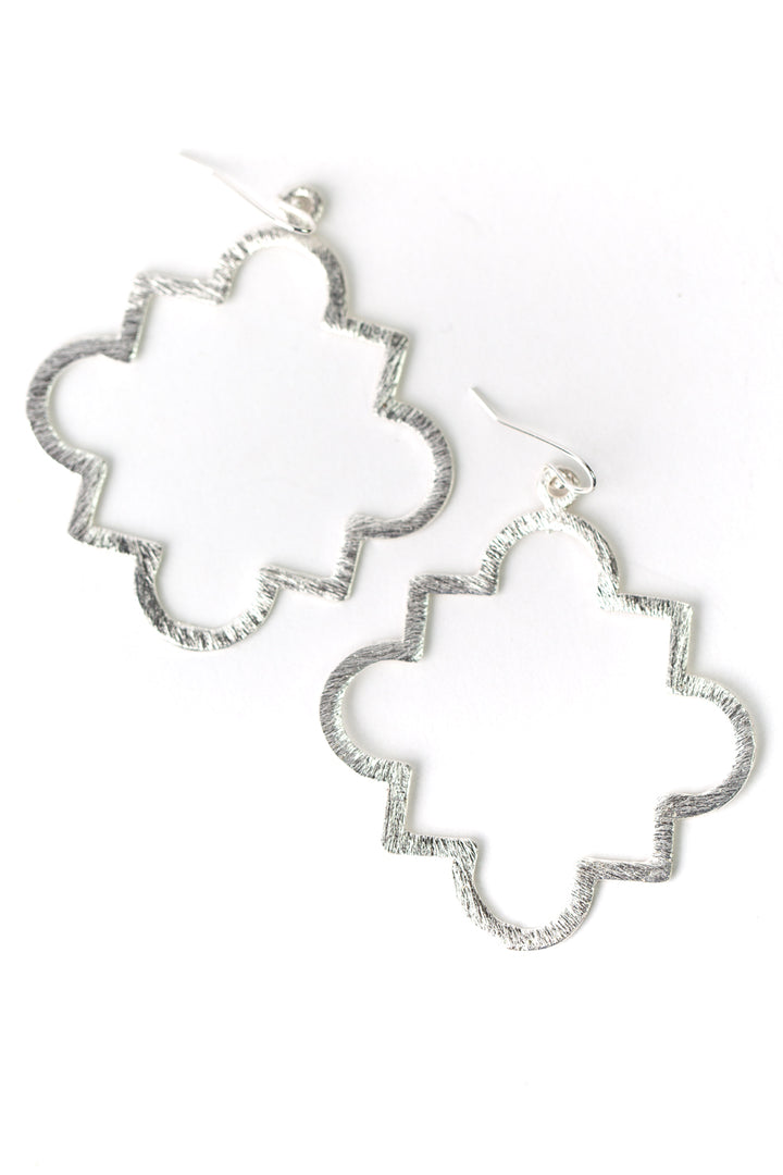 Brushed Silver Large Pointed Quatrefoil Statement Earrings
