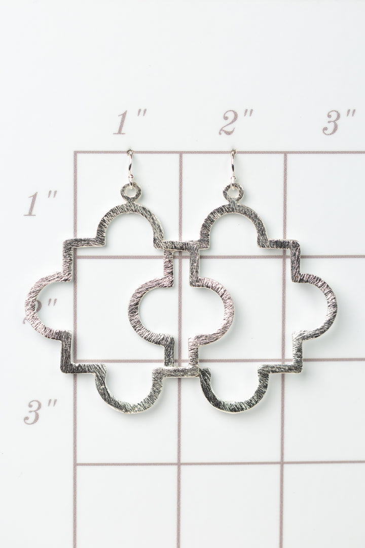 Brushed Silver Large Pointed Quatrefoil Statement Earrings