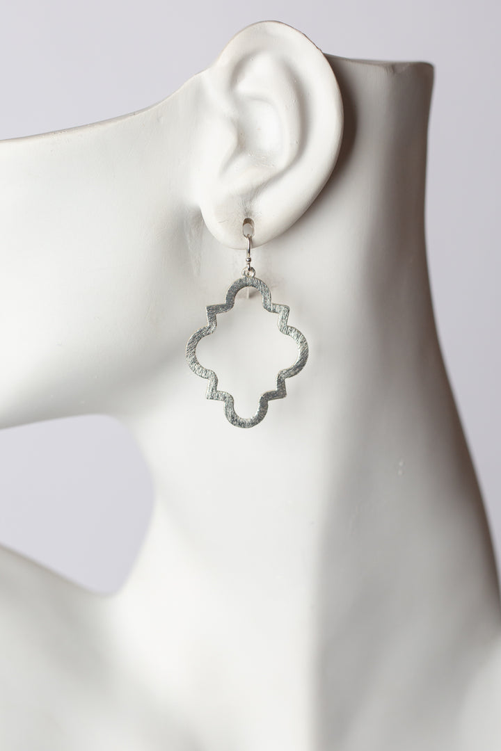 Brushed Silver Medium Pointed Quatrefoil Statement Earrings