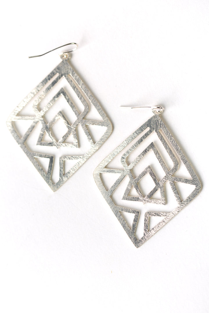 Brushed Silver Geometric Diamond Earrings