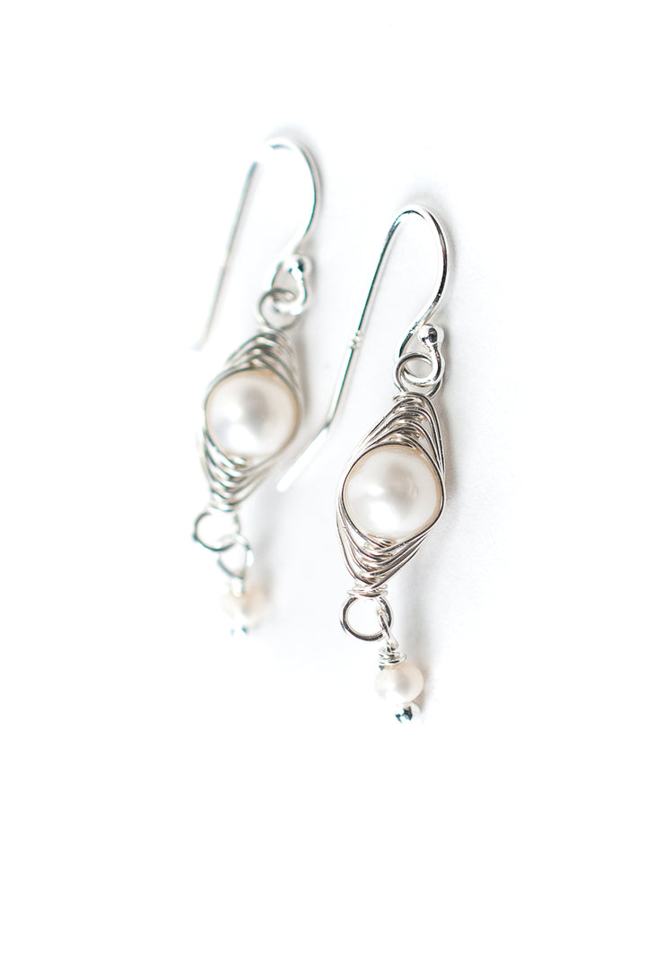 Birthstone June Silver Pearl Herringbone Earrings
