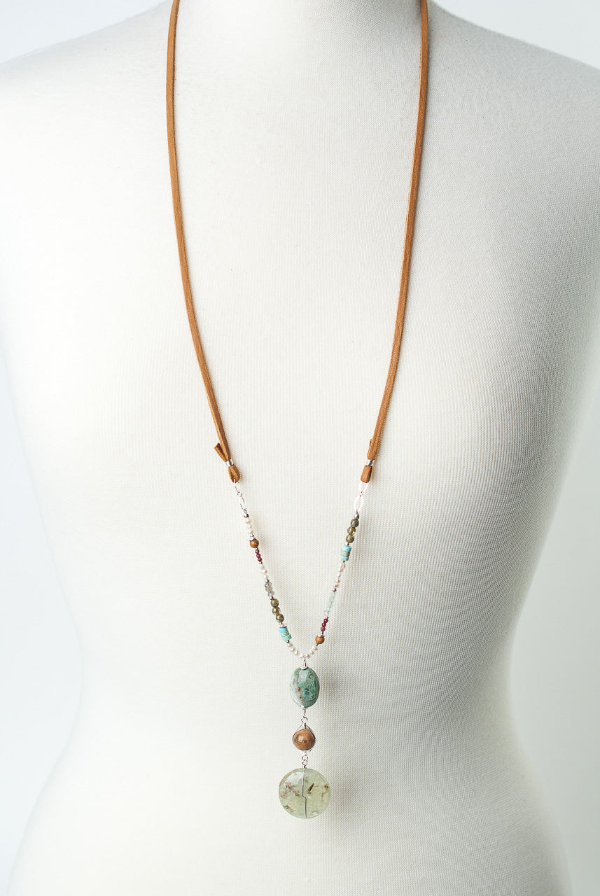 *Bloom Adjustable Leather Prehnite Collage Pendant Necklace
